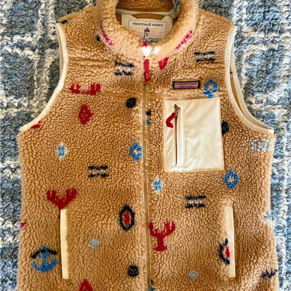 Vineyard Vines Tan Supershep Sherpa Fleece Printed Vest with Pattern